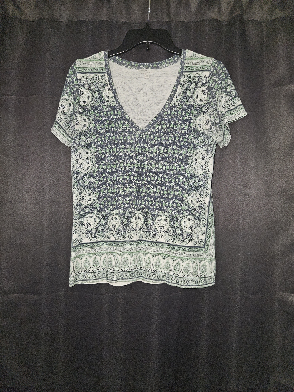Lucky Brand Navy and Green V-Neck Short Sleeve Top